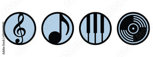 Music Audio Media Circle Icons, hand drawn vector illustration in black and white, minimalist circular design including play