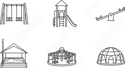 Vector Illustration Set of Playground Equipment Line Icons Featuring Swing Set, Slide, Seesaw, Sandbox, Merry-Go-Round, and Jungle Gym Dome Isolated on White Background