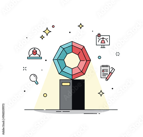 Sculpture abstract gallery scene where a geometric sculpture is displayed with subtle lighting while small sparkle and line icons emphasize creativity, design,