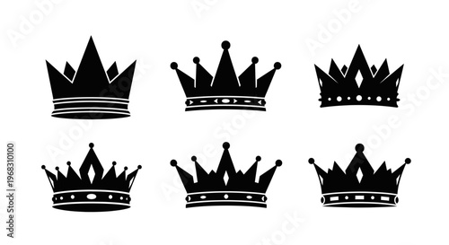 Set of Six Black Crown Silhouettes on White Background.