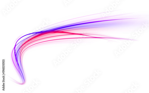 Futuristic neon light trails form smooth curves across black background. Glowing energy flow and wave motion create speed effect. Abstract digital technology vector design.