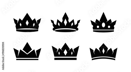 Set of Six Black Crown Icons on White Background.