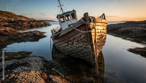 Old fishing boat half-submerged in shallow rocky cove at dawn with first light