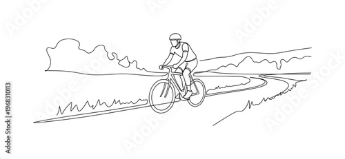 Cycling Fun. Minimalistic one-line drawing individual enjoying ride on bicycle along scenic path, continuous single black line on white background, simple
