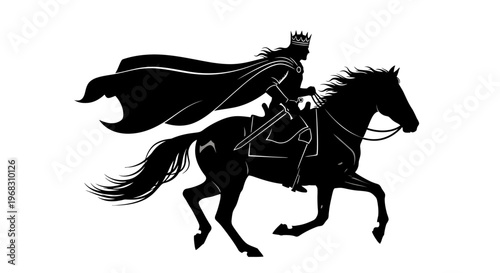 Silhouette of a King Riding a Horse with a Flowing Cape.