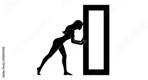 Silhouette of a Woman Pushing Against a Tall Rectangular Object.