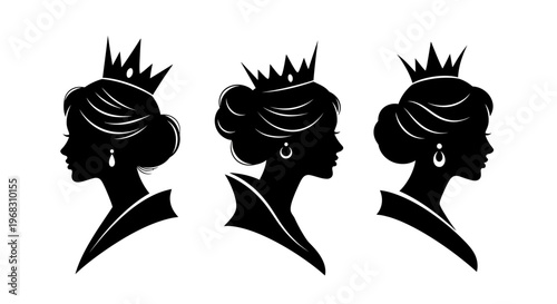 Silhouette of Three Queens with Crowns and Earrings.