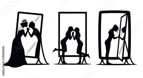 Silhouettes of women looking in mirrors, one a princess.