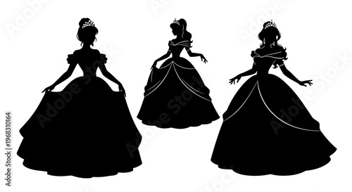 Silhouette of Three Princesses in Elegant Gowns.
