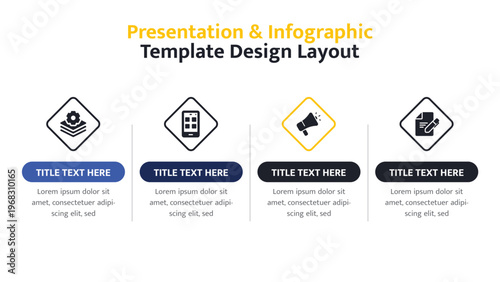 Presentation and infographic template layout with four steps and various business icons