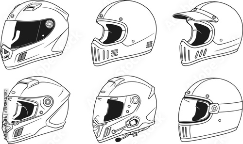 Vector Line Art Illustration of Motorcycle Helmet Set Featuring Full Face Motocross and Retro Styles for Biker Safety Racing Gear and Industrial Head Protection