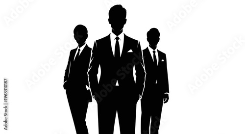 Silhouette of three businessmen standing together in suits.