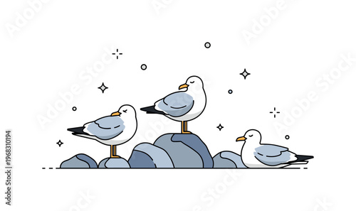 Seagulls sunbathing on rocks scene where birds rest and preen under soft sunlight while tiny sparkle and star icons highlight calm, natural behavior, and