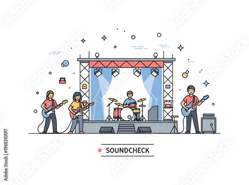 Live concert soundcheck concept where musicians test equipment and stage while tiny sparkle and star icons highlight preparation, coordination, and performance