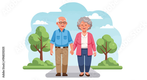 An elderly couple holding hands while walking outside in a scenic park landscape