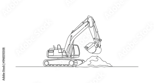 Digging Site. Minimalistic one-line drawing excavator bucket scooping soil on construction area, continuous single black line on white background, simple