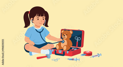 A young girl sitting on the floor plays doctor with a teddy bear and medical kit
