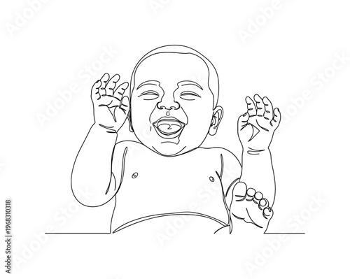 Giggling Newborn. Minimalistic one-line drawing infant lying on back with expressive giggles and raised hands, continuous single black line on white