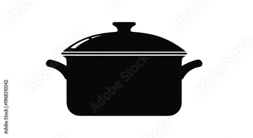 A simple black silhouette depicts a cooking pot with a lid and handles isolated on white