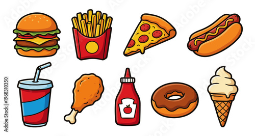 Fast Food Doodle Illustration with Fries, Pizza and Fried Chicken