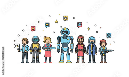 Game characters sci-fi concept where futuristic heroes and robots pose together while tiny sparkle and star icons highlight strategy, cooperation,