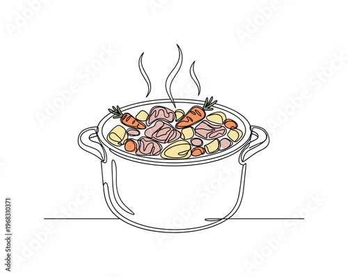 Meat Stew. Minimalistic one-line drawing pot with braised meat and vegetables, continuous single black line on white background, simple outline style, no