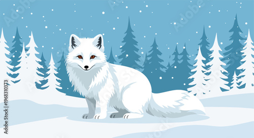 A cute white fox sitting in a snowy forest landscape with falling snowflakes