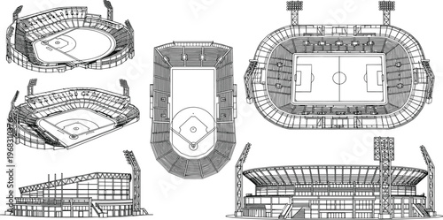 Vector Line Art Illustration Set of Modern Sports Stadiums for Soccer Baseball and Football featuring Arena Exterior Views Top Down Field Layouts and Floodlights