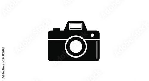 A simple black silhouette depicts a classic camera with a lens and viewfinder high quality professional
