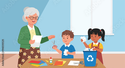An elderly woman guides a young boy and girl in crafting with paper and scissors
