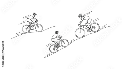 Mountain Cycle Adventure. Minimalistic one-line drawing cyclist riding up and down hilly trails with motion lines, continuous single black line on white
