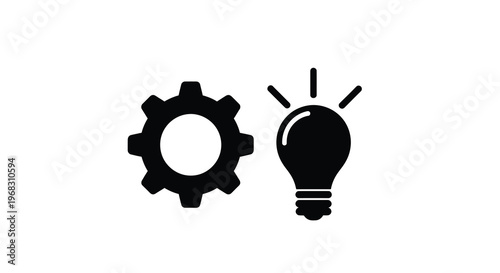 A simple graphic depicts a gear and a lightbulb representing ideas and innovation high quality professional