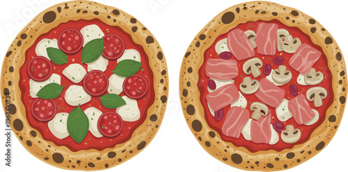 Top view of two tasty pizzas with fresh ingredients including basil cheese pepperoni and bacon ideal for culinary themed graphics