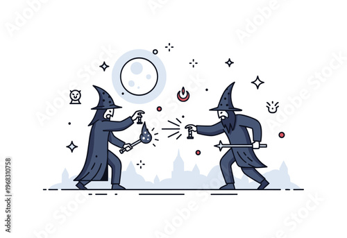 Evil sorcerers moonlit duel scene where shadowy figures cast dark spells under a full moon while tiny sparkle and star icons highlight danger, power, and