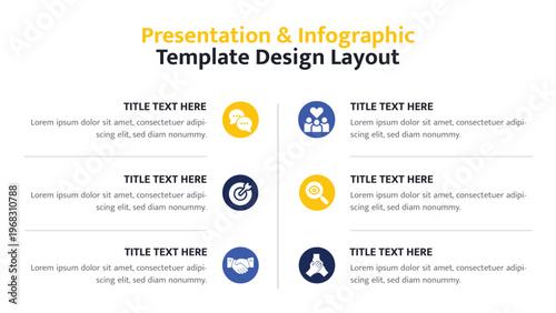 Six content blocks with diverse icons and text for modern presentations and infographics