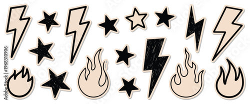 Scrapbook crayon lightning, fire, and star doodles featuring scribbled textures and pastel punk rock aesthetics, presented on torn craft paper style vector illustration ideal for scrapbooking themes, 