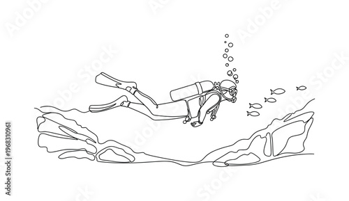 Subaquatic Diver. Minimalistic one-line drawing scuba diver gliding past underwater rocks and fish, continuous single black line on white background, simple
