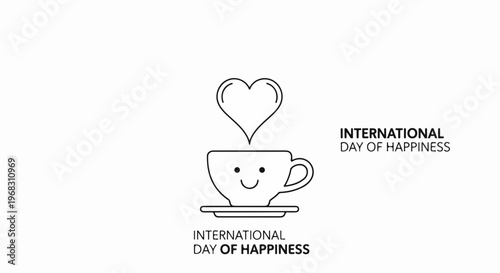 Line art illustration for International Day of Happiness featuring smiling cup with heart steam. Minimalist graphic design symbolizes positive emotions for International Day of Happiness.