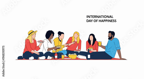 International Day of Happiness celebration, people enjoying outdoor picnic. Friends share food, drinks on blanket, symbolizing joy, unity for International Day of Happiness.