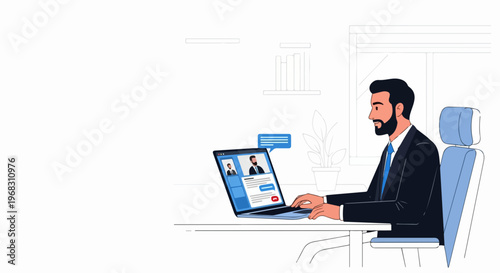 Professional man conducts effective online meeting on laptop computer, collaborating with colleagues in virtual workspace. Productive online meeting for team communication and remote work efficiency.