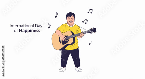 Happy boy plays acoustic guitar for International Day of Happiness. Smiling child creates music, expressing joy for International Day of Happiness, inspiring positive feeling.