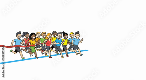 Diverse kids running race, crossing finish line with joy and determination. Young athletes participate in kids running race, celebrating accomplishment and teamwork.