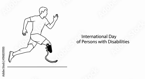 Line art drawing depicting runner with prosthetic leg for disability awareness. Illustration promotes International Day of Persons with Disabilities, showcasing resilience and inclusive sports.