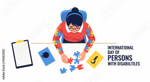 Disability awareness depicts person assembling colorful puzzle pieces on desk. International Day of Persons with Disabilities, disability awareness theme shows puzzle clothing, symbolic items.