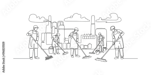 Industrial Sanitation. Minimalistic one-line drawing cleaning staff with brooms, mop, and buckets maintaining factory floor, continuous single black line on