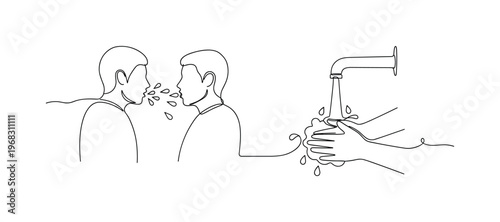 Germ Transmission. Minimalistic one-line drawing person sneezing with droplets moving toward other person and hand washing, continuous single black line on