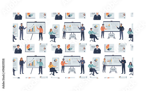 project management seamless pattern, repeating pattern, surface design, textile print, modern illustration of managers, employees, charts, laptops, task boards