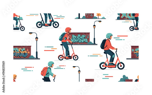 street gang motifs seamless pattern, repeating pattern, surface design, textile print, modern illustration of e-unicycle riders, helmets, knee pads, backpacks,