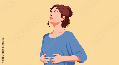 A calm woman in a blue shirt with her hands on her stomach breathing deeply