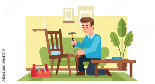 A man kneeling on a living room floor while repairing a wooden chair with hammer